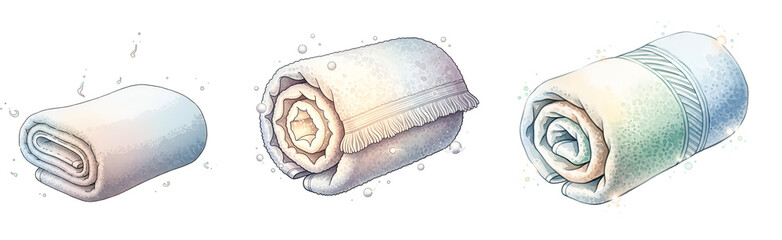 Three rolled up towels on a transparent background with water splashes