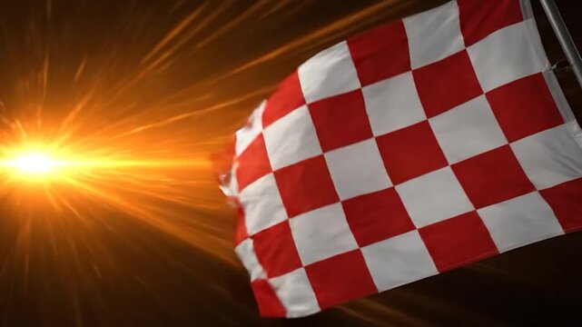 A checkered flag waves against a bright orange sunburst background, indicating the finish line