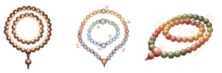 Three colorful beaded necklaces arranged on a transparent background