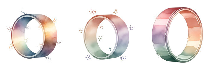 Three colorful rings with a metallic sheen on a transparent background