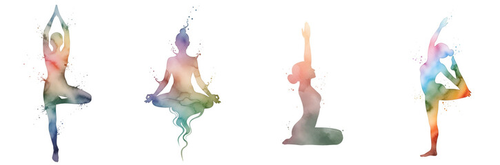 Four yoga poses in a rainbow of colors on transparent background