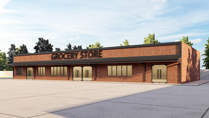 Fototapeta premium Modern Red Brick Grocery Store Building Exterior 3D Render with Empty Parking Lot