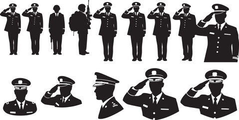 Extensive collection of diverse military personnel silhouettes showcasing uniformed figures in various saluting postures and at attention, representing professional dedication and national honor