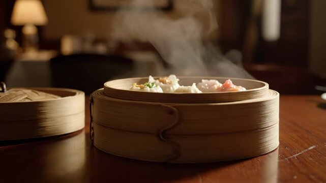 Steaming Dim Sum in a Bamboo Steamer Basket on a Wooden Table.