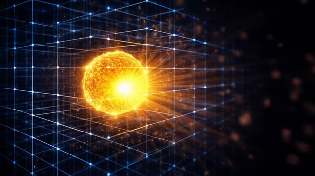 Quantum security lattice grid structures geometry with glowing energy sphere core inside digital mesh and wireframe cube network background