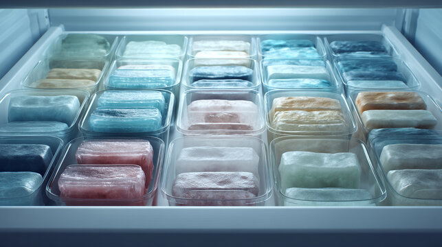 A freezer drawer filled with many wrapped and packaged frozen foods