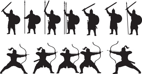 Dynamic silhouettes of ancient warriors and archers in diverse combat stances, showcasing historical military strength and traditional weaponry, embodying ancient warfare
