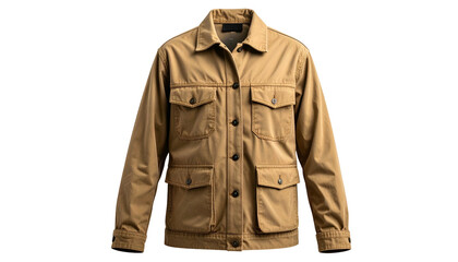 A tan, button-down utility jacket with four front pockets, styled on a black background