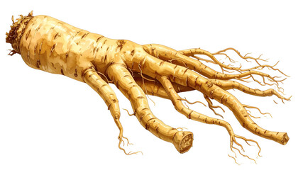 Digital illustration of a ginseng root, light tan with multiple finger-like projections