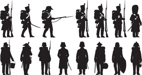 Collection of historical military soldiers silhouettes in uniform, showcasing different poses and equipment from past eras