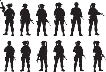 Set of female soldier silhouettes holding rifles in various poses, representing military personnel and defense forces in an army context