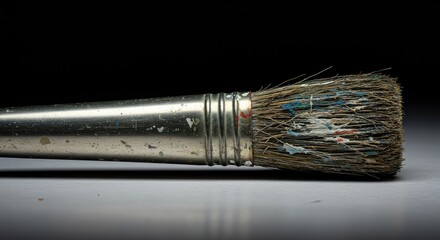 A vintage or industrial painting tool featuring a smooth, reflective tin handle and heavily used, stiff bristles covered in dried paint residue ,equipment ,industrial ,tin
