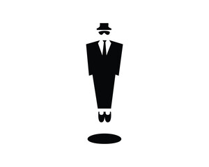 Minimalist Black Silhouette of a Man in Suit and Hat with Mustache Floating Above Ground