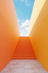 A vibrant symmetrical staircase leads towards a bright blue sky framed by orange walls high quality