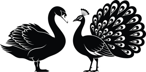 Obraz premium Elegant Black and White Silhouette Illustration of a Graceful Swan and Majestic Peacock Facing Each Other in a Minimalist Vector Graphic Design for Art