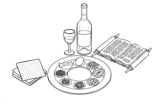 A detailed vector illustration of a Passover Seder plate with traditional foods, matzah, a wine bottle with a glass, and an open Torah scroll. Minimalist black and white design for Pesach.