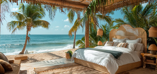 Beautiful bedroom. beachy decor set up on a sandy beach with palm trees