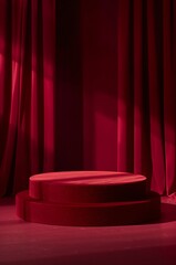 A dramatic empty stage with red velvet curtains and a cylindrical pedestal high quality professional detailed