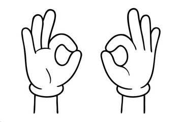 Fototapeta premium Two hands in white cartoon gloves showing the OK gesture. Minimalist black and white line art representing success, approval, and positivity. Simple vector doodle.