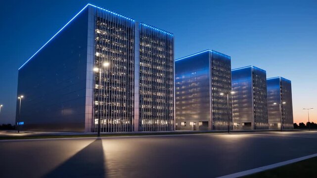Rows of contemporary office buildings illuminated by blue accent lights at the top and interior window lights, set against a twilight sky. Streetlights cast long shadows on the pavement in front.