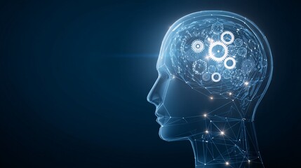Obraz premium digital interface featuring a translucent humanoid head silhouette. Inside the head are rotating gears and glowing nodes connected by lines of code. Represents machine learning and cognitive 
