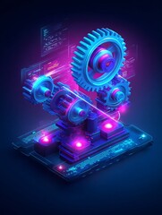 Fototapeta premium 3D illustration of a business dashboard being optimized by digital gears. Small glowing AI agents move between gears and blocks of code representing efficient workflow automation. Vibrant violet 