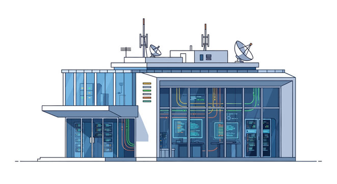 Modern data center building with visible servers, cables, and communication antennas on the roof.
