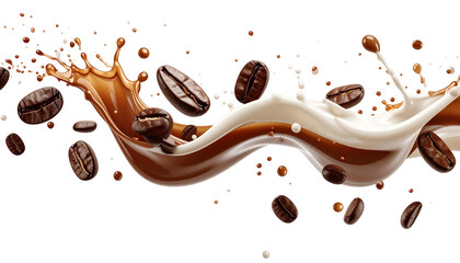Dynamic coffee splash with roasted beans, dark background