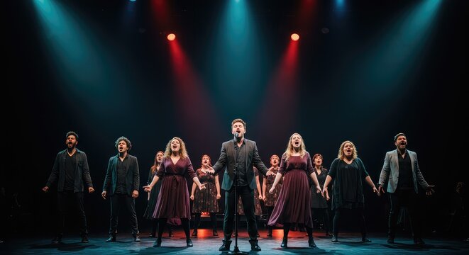 Dynamic contemporary vocal ensemble performing powerful musical arrangements under dramatic theater lighting on a large stage setting ,focused ,stylized ,spectacle