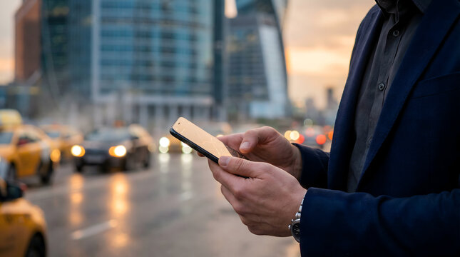 Corporate professional using mobile map application on city street