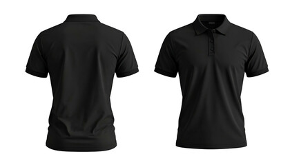Front and back views of a plain black polo shirt on a solid black background