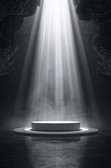 A dramatic spotlight illuminates an empty white platform within a dark cavernous space high quality professional