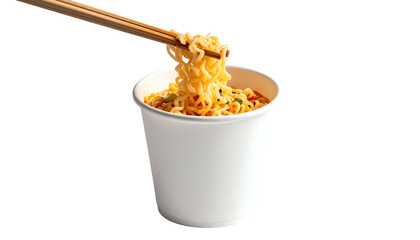 Cup of noodles with chopsticks lifting some out, on a transparent background