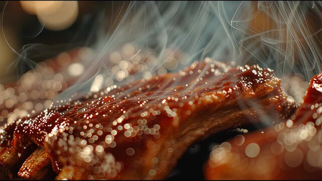 Hot ribs steaming with savory barbecue sauce