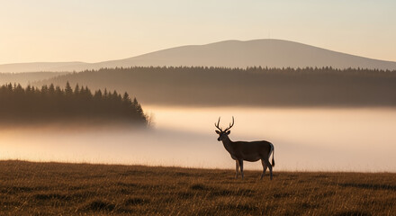 A majestic deer buck with antlers stands gracefully in a tranquil, golden-lit misty field, capturing the serene beauty of a natural landscape at dawn or dusk