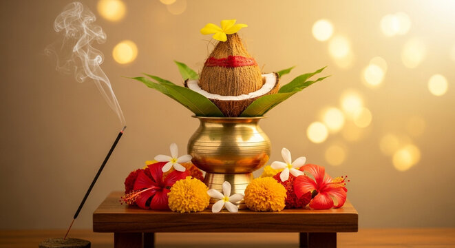 Chaitra Navratri Puja Setup with Brass Kalash and Flowers