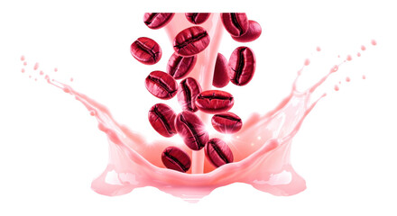 Coffee beans splashing into creamy liquid for beverage advertising concept