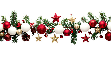 Festive evergreen garland with red, white, and gold ornaments, stars, and berries