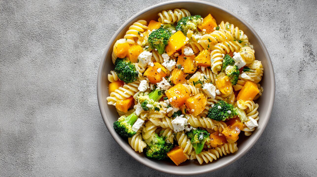 A bowl of pasta with broccoli and butternut squash on a table