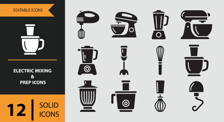 Electric Mixing and Prep Icons solid icon set.Electric mixer appliance solid icons