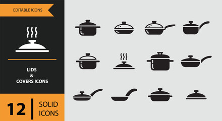 Lids and Covers Icons solid icon set.Kitchen lid and cover solid icons