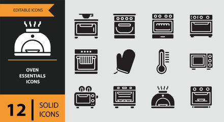 Oven Essentials Icons solid icon set.Oven mitt and rack solid icons