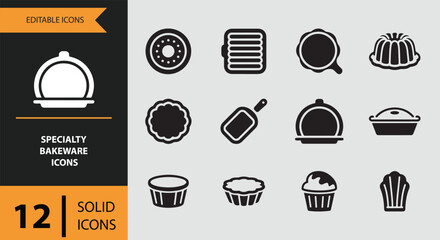 Specialty Bakeware Icons solid icon set.Specialty baking mold solid icons