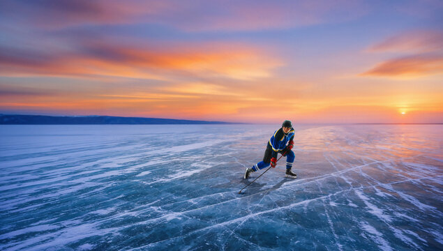 Creative poster. Hockey player skating on frozen lake at sunset with glowing orange sky. Concept of winter sport adventure, extreme nature training, outdoor competition ads, seasonal campaign visuals.