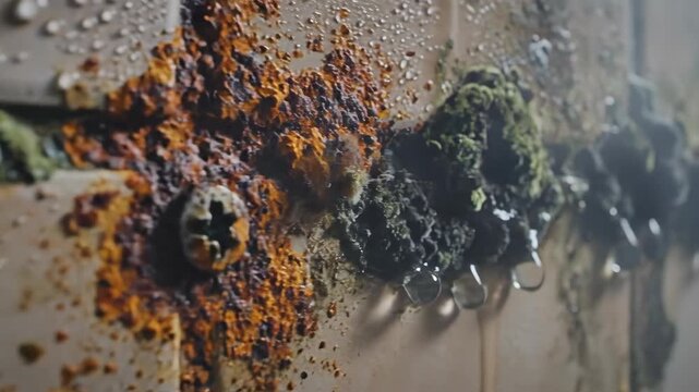 Macro shot of water droplets on a weathered surface with rust and moss