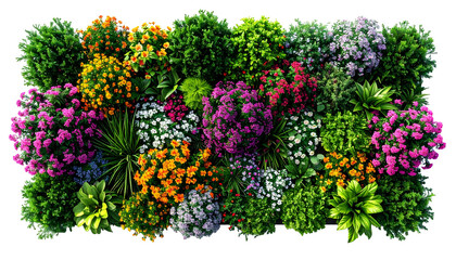 Overhead view of a vibrant, diverse garden bed with various colorful flowers and foliage