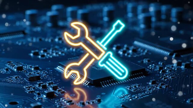 A glowing neon icon of a wrench and screwdriver in orange and cyan hovers over a detailed blue circuit board with integrated computer chips and subtle bokeh effects.