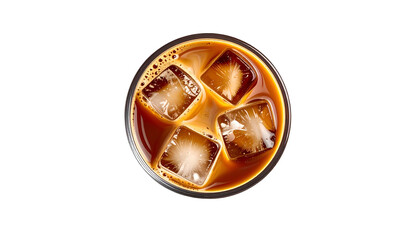 Overhead shot of iced coffee in a clear glass, showing ice cubes, foam, and liquid