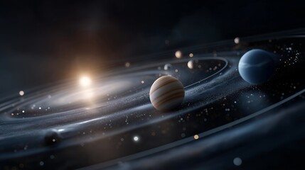 Fototapeta premium Fascinating close-up of an artistic planetary system displaying intricate orbits and vibrant celestial details. A mesmerizing visual with planets in various colors rotating around a radiant star,