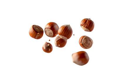 Seven brown shelled nuts isolated on a black background, some with visible insides
